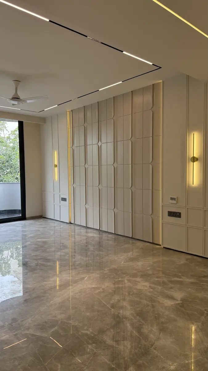 Fluted wall panelling and balcony glazing in a premium builder floor in Gurgaon