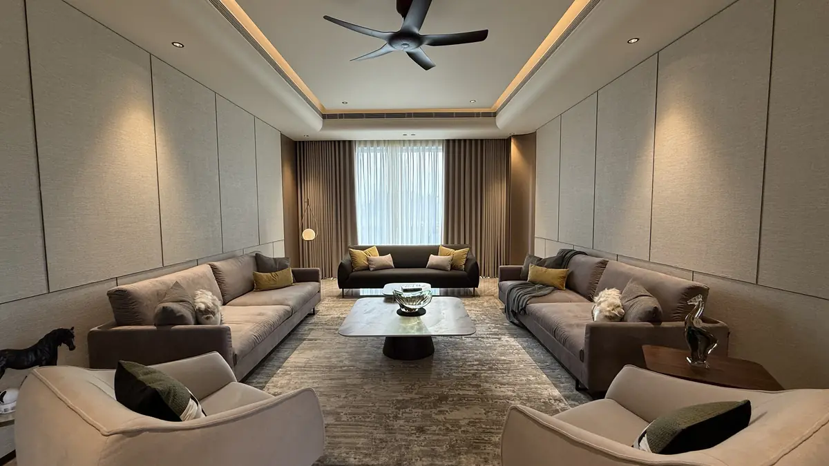 Living room seen across the seating in a premium builder floor in Gurgaon