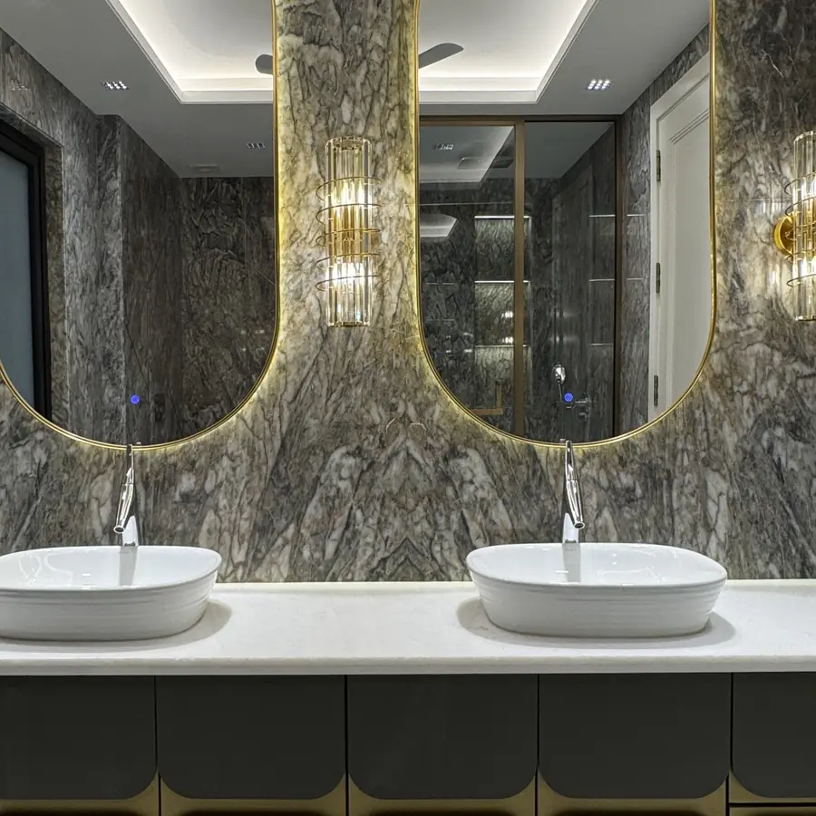 Marble vanity detail in a luxury builder floor bathroom in Gurgaon